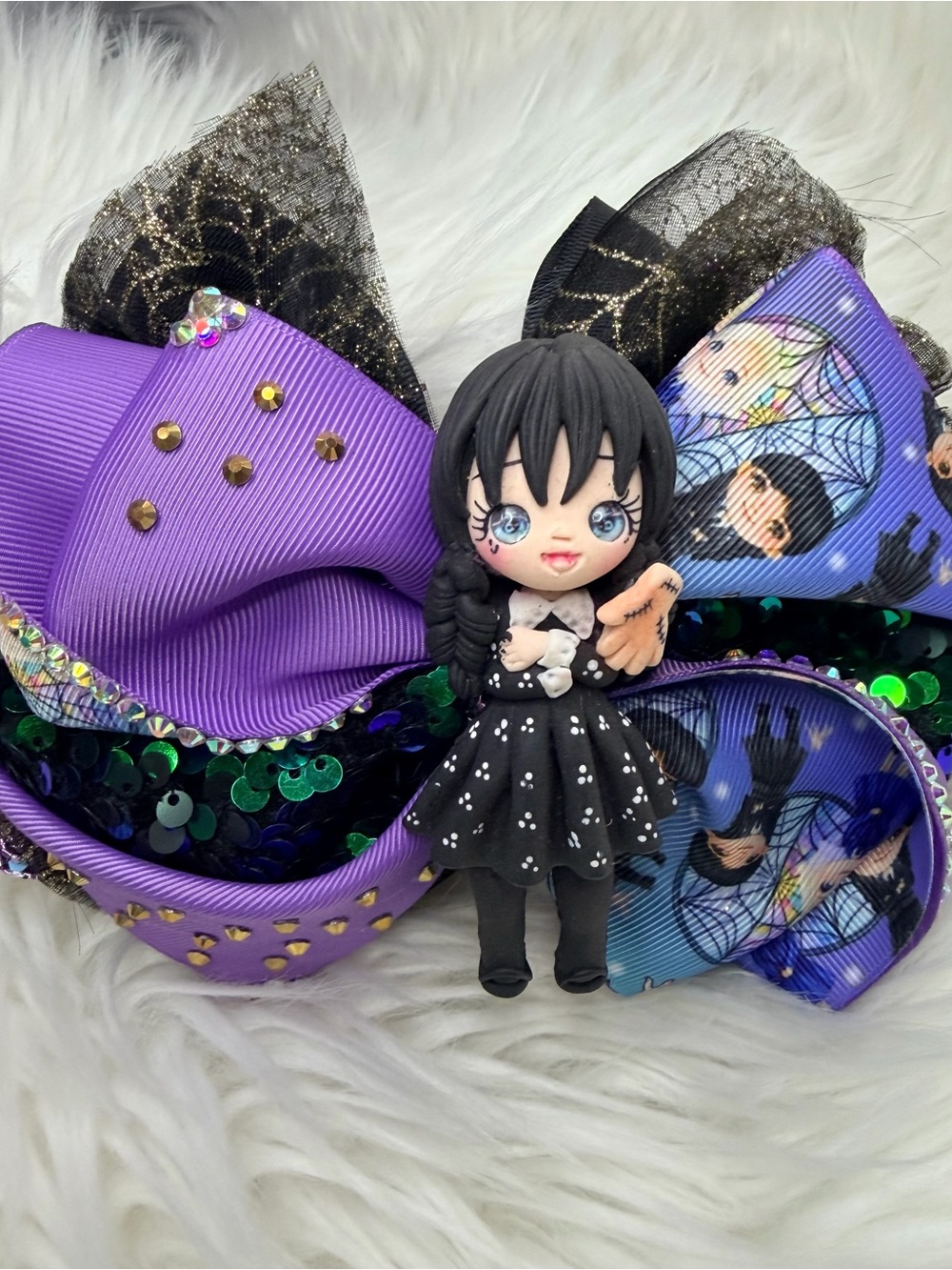 Hand Crafted Black Doll Bow with Purple Ribbon Accents